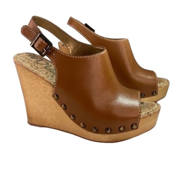 SAM EDELMAN CAMILLA LEATHER UPPER ADJUSTABLE BUCKLE WOODEN WEDGE HEEL SIZE 6 - Picture 1 of 8
